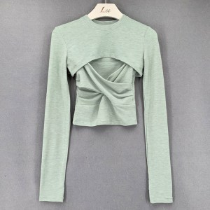 Summer Women Solid Short T-Shirts Sexy Crop Top Long Sleeve Bandage Tee Tops Female Backless Fake Two Tshirt Korean Clothes