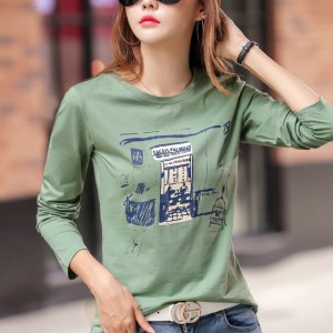 Comic Printing Autumn Loose Women T Shirt Winter O-Neck Full Sleeve Cotton Fashion T-Shirts Feminine Green Casual Soft Tops
