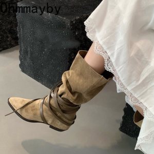 New Western Cowboy Knee-High Boots Slip On Fashion Thick Sole Blakc Female knight Long Boots Winter Women's Shoes