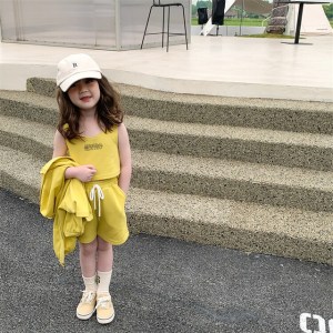 Summer New Girls' Sports Suits Western-Style Children'S Alphabet Vest Hooded Jacket Shorts Three-Piece Set