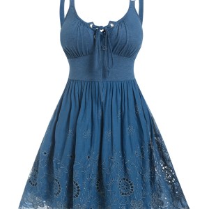 A Line Eyelet Mini Flower Embroidered Sleeveless Lace-up Dresses Skydiver Summer Casual Female Robe