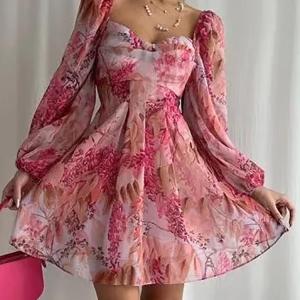 Aachoae Women Fashion Floral Printed Mini Dress Casual Square Collar Lantern Long Sleeve Dresses Ladies Sexy Backless Dress
