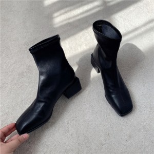 Autumn Thin Ankle Boots For Women Square Toe Elegant Chelsea Boots Soft Leather Lady Office Fashion Mid Heel 5CM Shoes