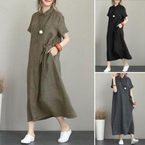 Buttons Half Placket Side Lace-up Pocket Summer Dress Lapel Short Sleeve Summer Shirt Midi Dress Female Clothing