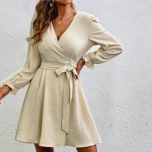 Casual V Neck Sashes Beige A Line Dress Fashion Lantern Sleeve High Waist Loose Comfort Office Lady Dresses New