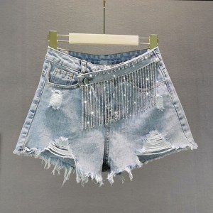 Denim Patchwork Diamond Tassel Shorts For Women High Waist Casual Hole Shorts Female Fashion New Clothing Tide
