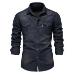 Elastic Cotton Denim Shirt Men Business Casual Denim Shirt Long Sleeve Quality Cowboy Shirts Slim Fit Mens Designer Clothing Top