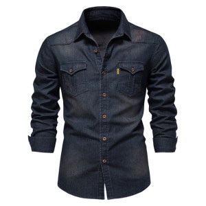 Elastic Cotton Denim Shirt Men Business Casual Denim Shirt Long Sleeve Quality Cowboy Shirts Slim Fit Mens Designer Clothing Top