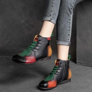 Fashion Female Autumn and Winter New Retro Shoes Lace Round Head Rubber Bottom Color Flat Leather Sole Boots Mother Boots
