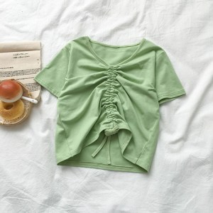 Fashion Women T-Shirt New Summer Short Sleeve Drawstring Shirts Harajuku Style Female Tees Crop Tops Streetwear