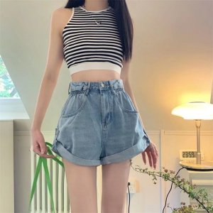 Feynzz Casual Blue Denim Shorts Women Sexy High Waist Buttons Pockets Slim Fit Shorts Summer Beach Streetwear Jeans Shorts