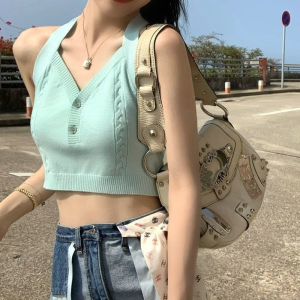 GAODINGLAN Solid Color Sleeveless Women Tanks Summer Slim Fit Halter Sexy V Neck Tops Expose Navel Short Sexy Knitted Camis