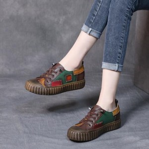 Genuine PU Leather Retro Women Sneakers Casual Flat Ladies Shoes High Quality Comfortable Women's Flat Shoes Zapatillas Mujer