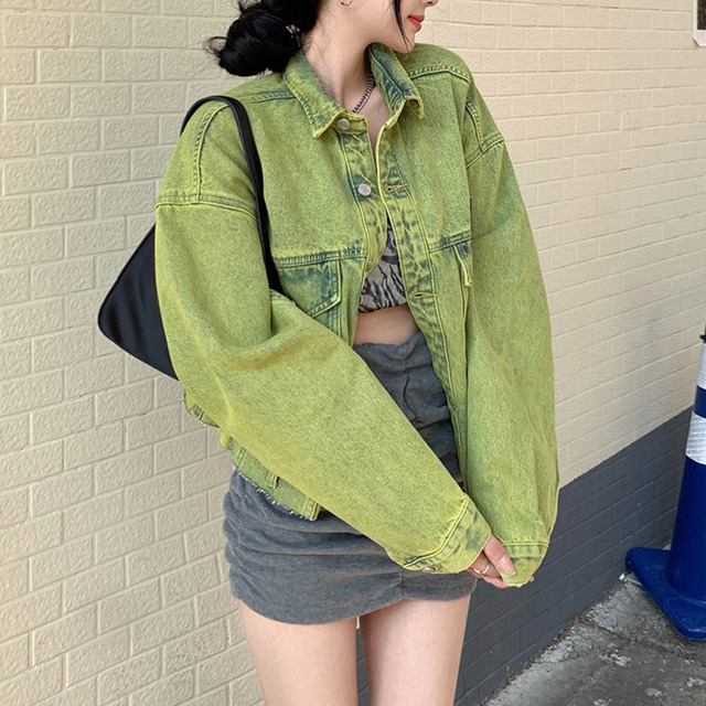 Green Short Streetwear Denim Jacket For Women Casual Bomber Jeans Coat BF Style Loose Outwear top - Image 4