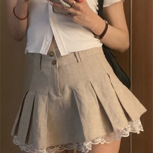 High Waisted A-Line Mini Skirts Women Lace Stitching Khaki Streetwear Summer Skirt Woman Casulal Solid Pleated Skirt Womens