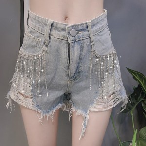 Jeans Women's Summer New Solid Color High Waist Heavy Work Diamond Tassel Ripped Shorts Fashion Hot Pants Female Clothing M192