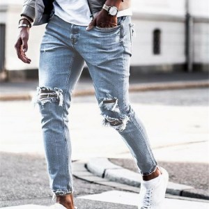 Light blue Skinny Jeans men Streetwear Destroyed Ripped Jeans Homme Hip Hop Broken modis male Pencil Biker Hollow Out Jean Pants