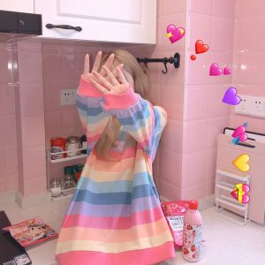 Long Sleeve T-shirts Women Striped Rainbow Spliced Tees Womens Chic Ins Loose Harajuku Fashion Tops All-match Thin Clothing New