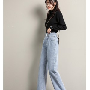 New Fleece Women Straight Wide Leg Jeans Thick Warm Velvet Trendy Jeans Winter Casual Denim Pants Mujer Brand Clothing