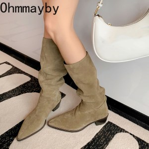 New Western Cowboy Boots Fashion Slip On Knee-High botas de mujer Square Heel Female knight Long Boots Winter Women's Shoes