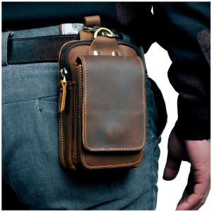Real Leather men Casual Design Small Waist Bag Cowhide Fashion Hook Bum Bag Waist Belt Pack Cigarette Case 5.5" Phone Pouch 1609