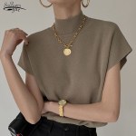 Short Sleeve Knitted Vest Office Lady Loose Elegant Fashion New Vest Shirt Solid Stand-up Collar Straight Tops Summer  20397