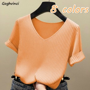 Short Sleeve T-shirts Women V-neck Knitting Loose Summer Ice-silk Solid Korean Style Womens Tops Casual Slender 8-color Chic New