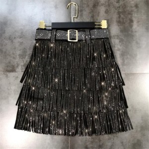 Skirt Female Summer New Solid Color Heavy Industry Hot Drill Tassel Belt A-line Cake Skirt Personality Fashion Women's Clothing
