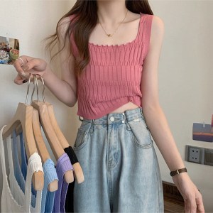 Solid Color Basic Ribbed Knitted Tank Top Women Summer  Sleeveless Camis 90s Girls Streetwear Green Soft Tees