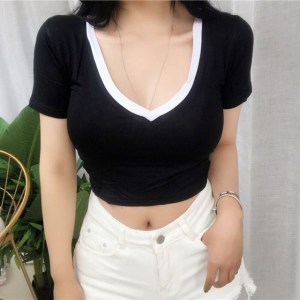 Summer Fashion Solid V Neck T Shirts Women Short Sleeve Sexy Crop Tops Ladies Casual Tees Top Female Black White T-Shirts