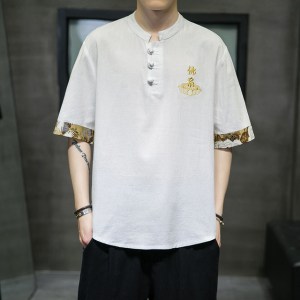 Summer Plus Size Cotton Linen Short Sleeve Top Chinese Style Hanfu Men Clothing Text Embroidery Tai Chi Wu Dang T-Shirt