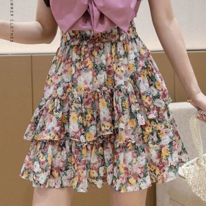 Sutimin Summer Women Skirts Shorts A-line Floral Printed Ruffle High Waist Skirts Women Cute Sweet Girls Dance Mini Skirt Kawaii