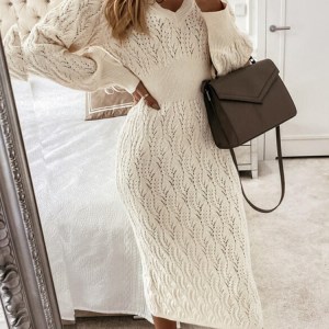 Sweater Dress Women Elastic Long Sleeve V Neck Elegant Dresses Beige Autumn Hollow Out Midi Party Fashion Long Knitted Sweater