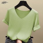 T-shirt knitted short-sleeved blouse women's blouse shirt solid color Korean summer shirt thin V-neck knitted women 13783