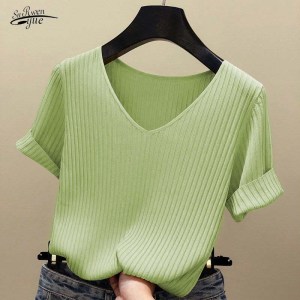 T-shirt knitted short-sleeved blouse women's blouse shirt solid color Korean summer shirt thin V-neck knitted women 13783