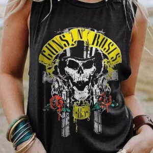 Tank Camisole Print T-shirt Guns n Rose's Short-Sleeve Vintage Tee Shirt Femme Top Casual Women Loose Off Shoulder Summer