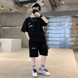 Teen Boys Clothing Sets Summer Black Grey Short Sleeve Tshirt+Shorts 2Pcs New Cool Kids Casual Style Loose Sport Outfits 5-14Yrs