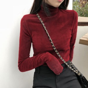 Turtleneck Velvet Tops Women Long Sleeve T Shirts Solid Color spring Autumn Velour T-Shirts Women Basic Shirt