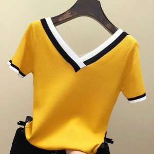 V-Neck T Shirt Women Tshirt Contrast Color Striped Knitted Summer Top T-Shirt Woman Clothes Tee Shirt Femme Camisetas Mujer