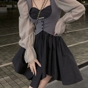 Woman Lolita Y2k Mini Dress Gothic Vintage 2 Piece Dress Set Casual Korean Style Strap Dress Sweet Kawaii Suits Autumn Slim