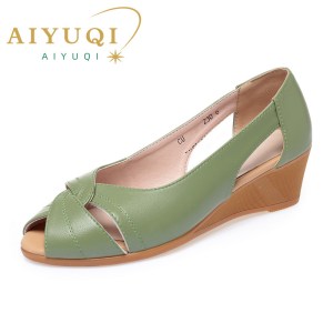 Women's Sandals Wedge New Summer Genuine Leather Open Toe Sandals Ladies Shallow Mouth Large Size Mom Sandals Women