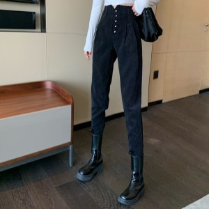YUANYUANJYCO Korean Fashion High Waist Harem Corduroy Pants Women Casual Glitter Buttons Black Khaki Office Wear Women
