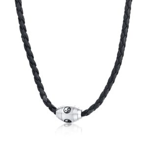 Men Necklace Black Braided Leather with Stainless Steel Beaded Choker for Men Hippie Jewelry
