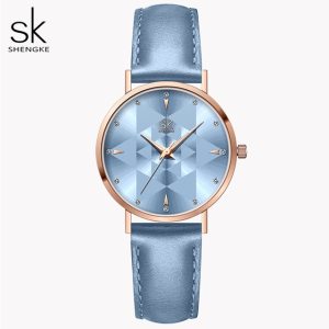 Shengke Romantic Light Blue Women Watches Ultra Thin Minimalist Watch For Women Top Brand Ladies Quartz Wristwatch Montre Femme