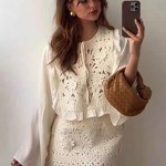 TRAFZA Women Summer Fashion Skirt Suit Crew Neck Long Sleeve Lace Up Stitching Hollow Out Shirt+Elegant High Waist A-line Skirt