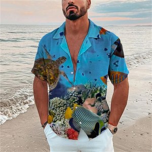 Men's Ocean Elements Breathable Shirts Men's Hawaiian Fish Print Shirts Beach Casual Shirt Fashion Men's Short Sleeve Shirts