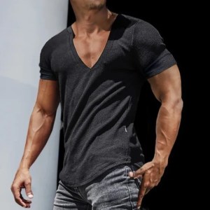 T Shirts Short Sleeve Spliced V Neck Shirt Men Pullover Casual Shirts Sports Slim Solid Skinny Slight Strech