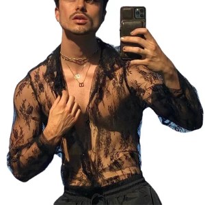 Lace Shirt Long Sleeve V Neck Hollow Out Men Shirts Solid Single Breasted Slim Spliced Sexy Blouses Buttons Slight Strech
