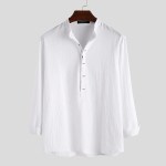 Blouses Solid Pullover Men T Shirts Long Sleeve Casual Shirts Spliced Stand Collar Shirt Button Loose
