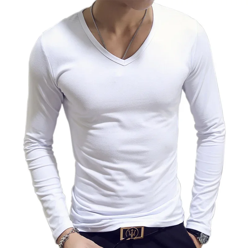 T Shirt Simple Long Sleeve Spring Autumn Tops Men's T-shirt Sets V-neck Solid Tshirts White Grey Blue T Shirt Men Tees New Tees